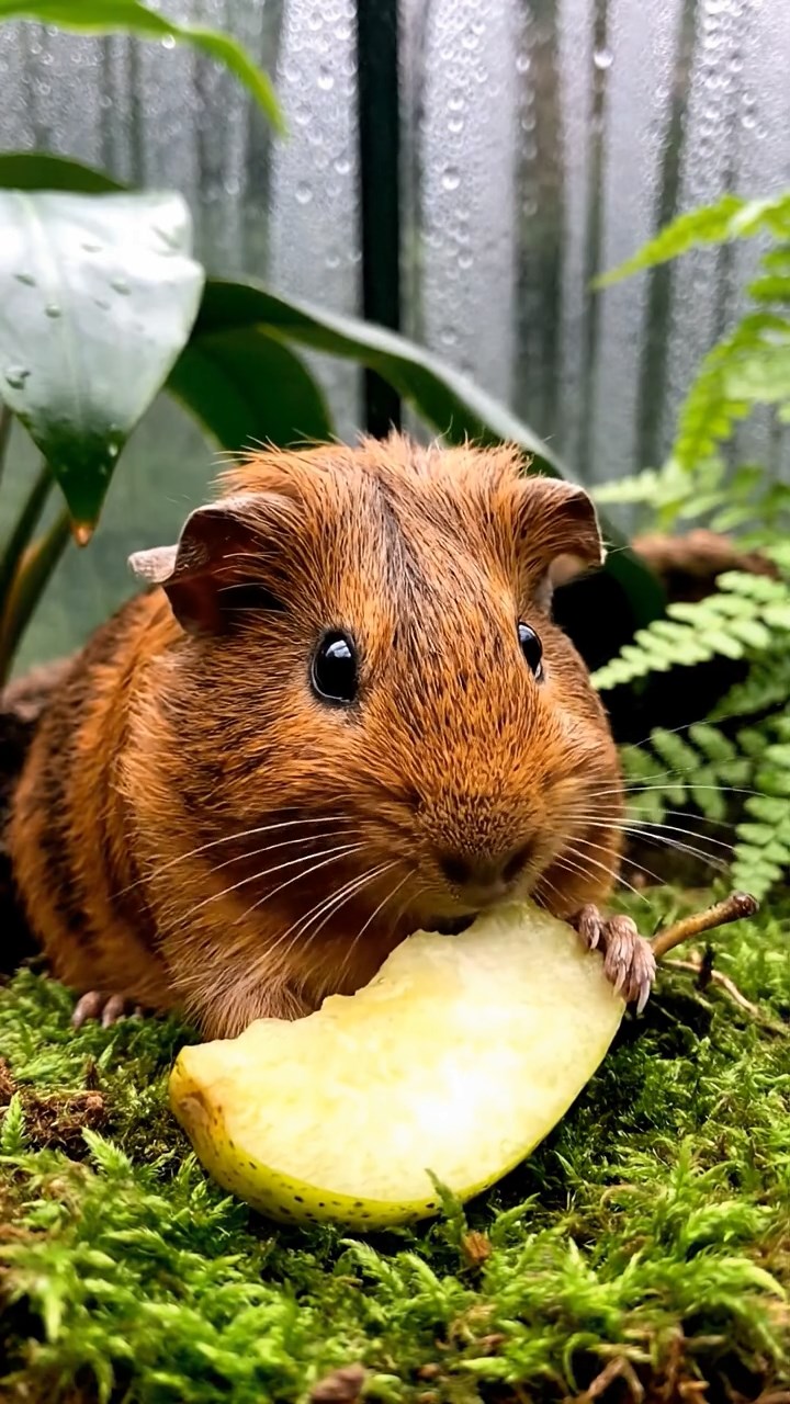 1532. Highly detailed view of 1 smooth-haired Abyssinian guinea pig with brown fur, munching on pear slices, in a humid conservatory dome with tropical plants.