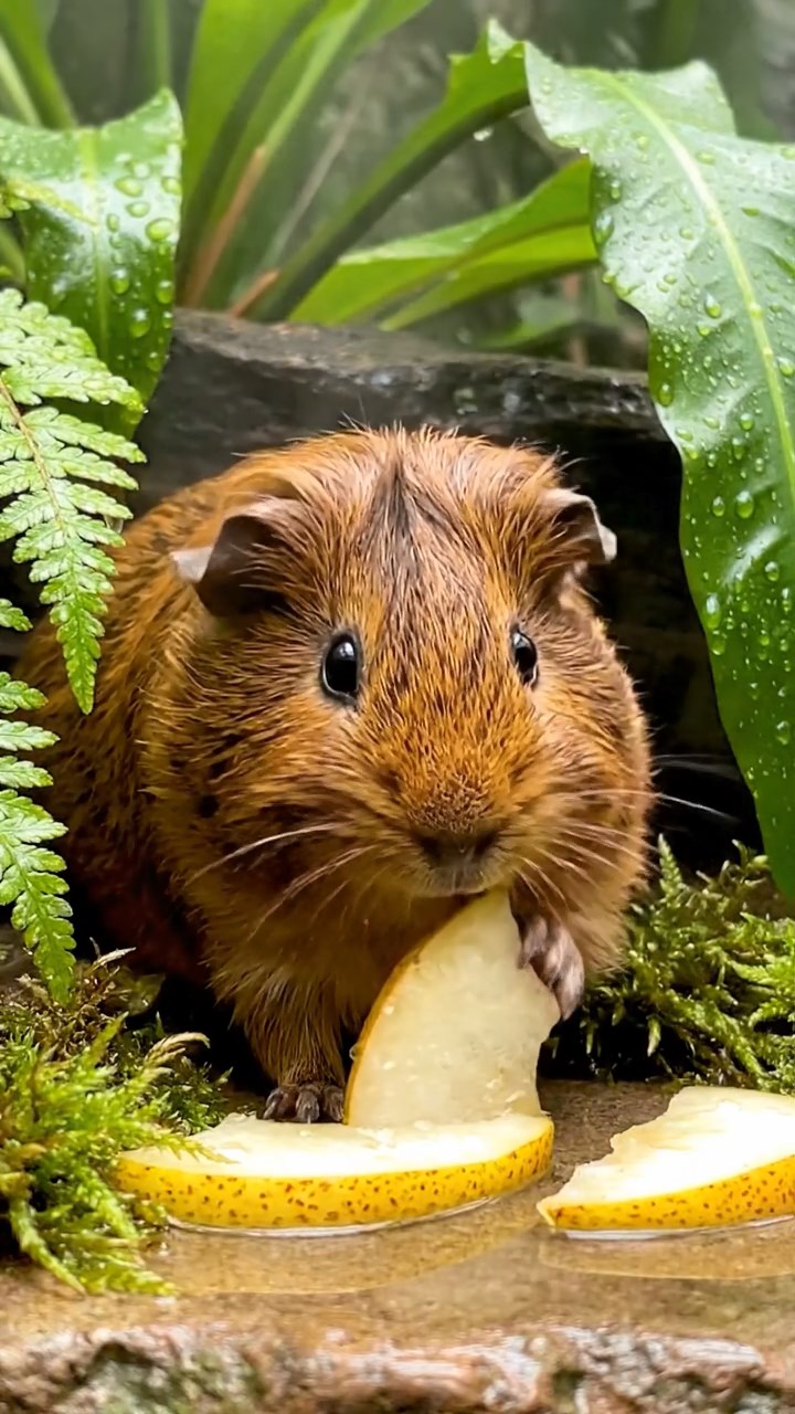 1532. Highly detailed view of 1 smooth-haired Abyssinian guinea pig with brown fur, munching on pear slices, in a humid conservatory dome with tropical plants.