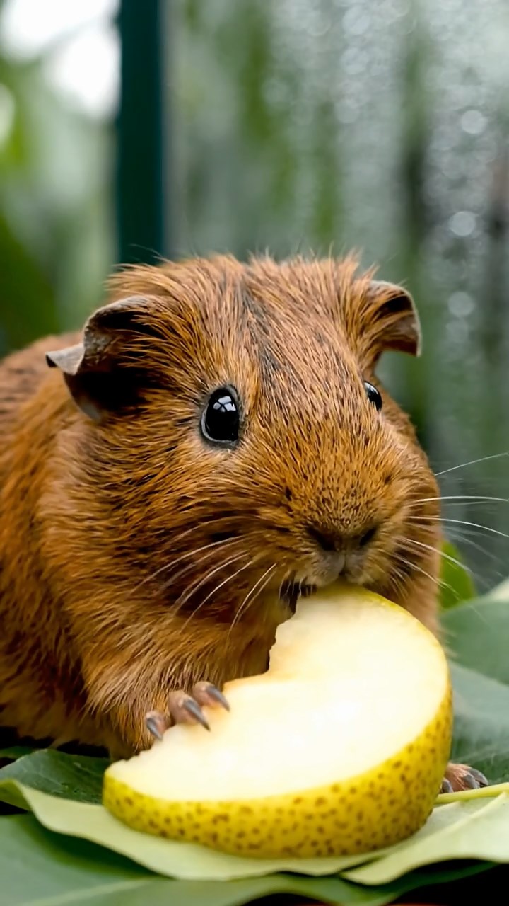 1532. Highly detailed view of 1 smooth-haired Abyssinian guinea pig with brown fur, munching on pear slices, in a humid conservatory dome with tropical plants.