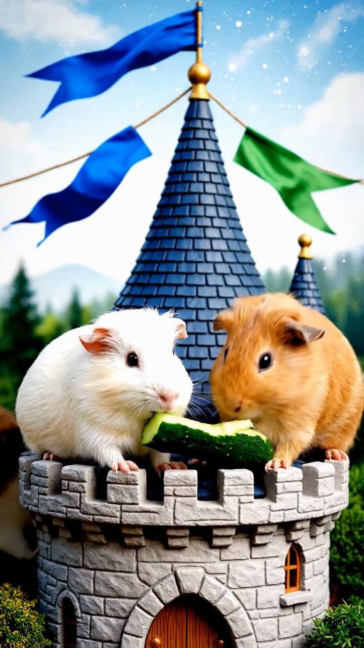 1533. Photorealistic image of 4 smooth-haired Peruvian guinea pigs featuring cream, fawn, and chocolate coats, sharing cucumber peels, atop a fairy-tale turret with waving banners.