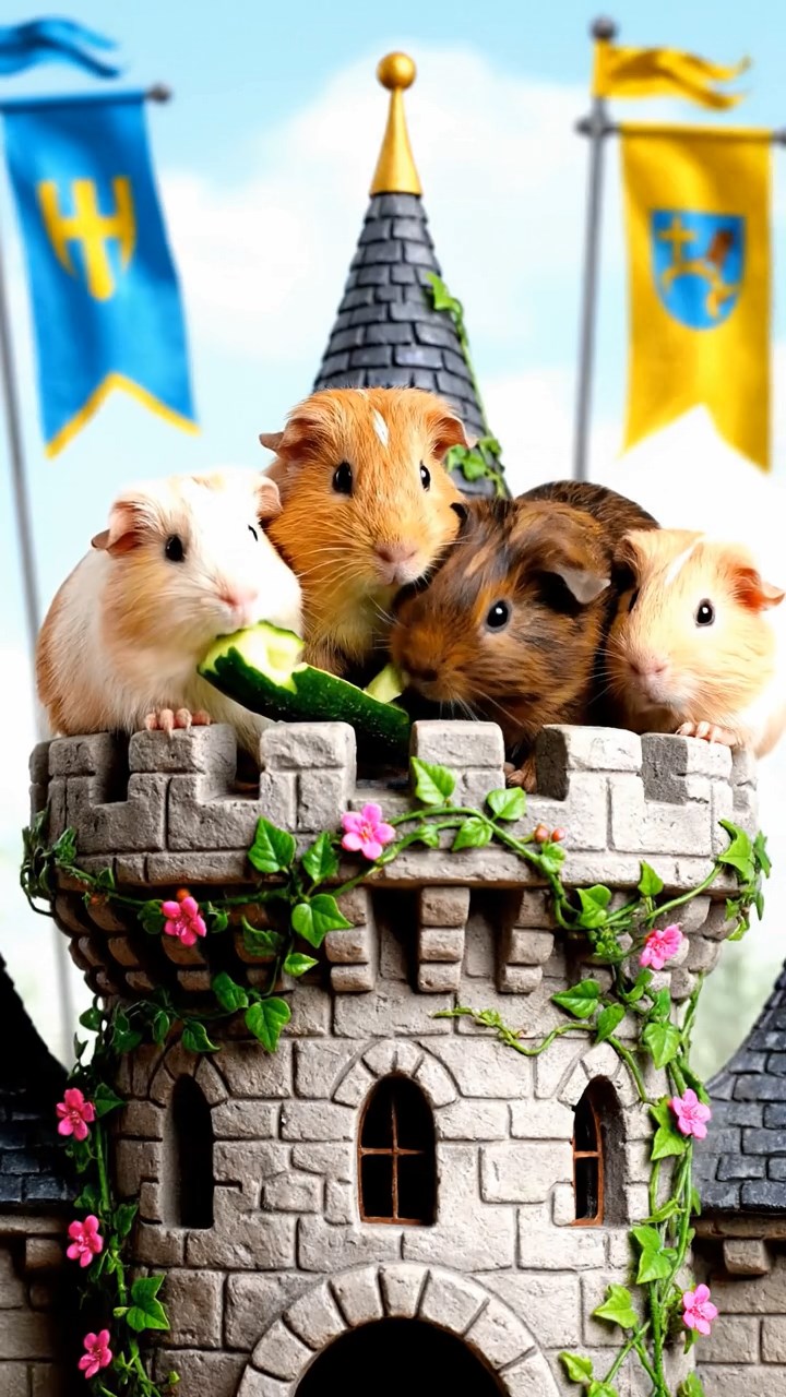 1533. Photorealistic image of 4 smooth-haired Peruvian guinea pigs featuring cream, fawn, and chocolate coats, sharing cucumber peels, atop a fairy-tale turret with waving banners.