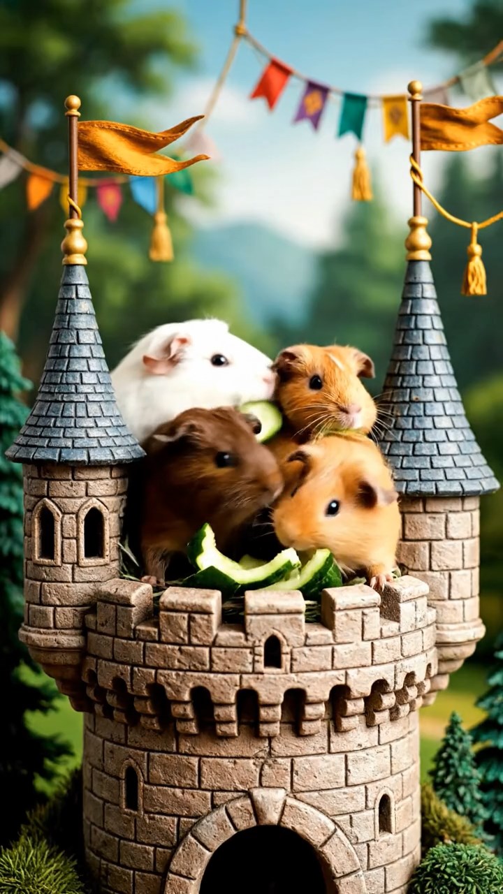 1533. Photorealistic image of 4 smooth-haired Peruvian guinea pigs featuring cream, fawn, and chocolate coats, sharing cucumber peels, atop a fairy-tale turret with waving banners.