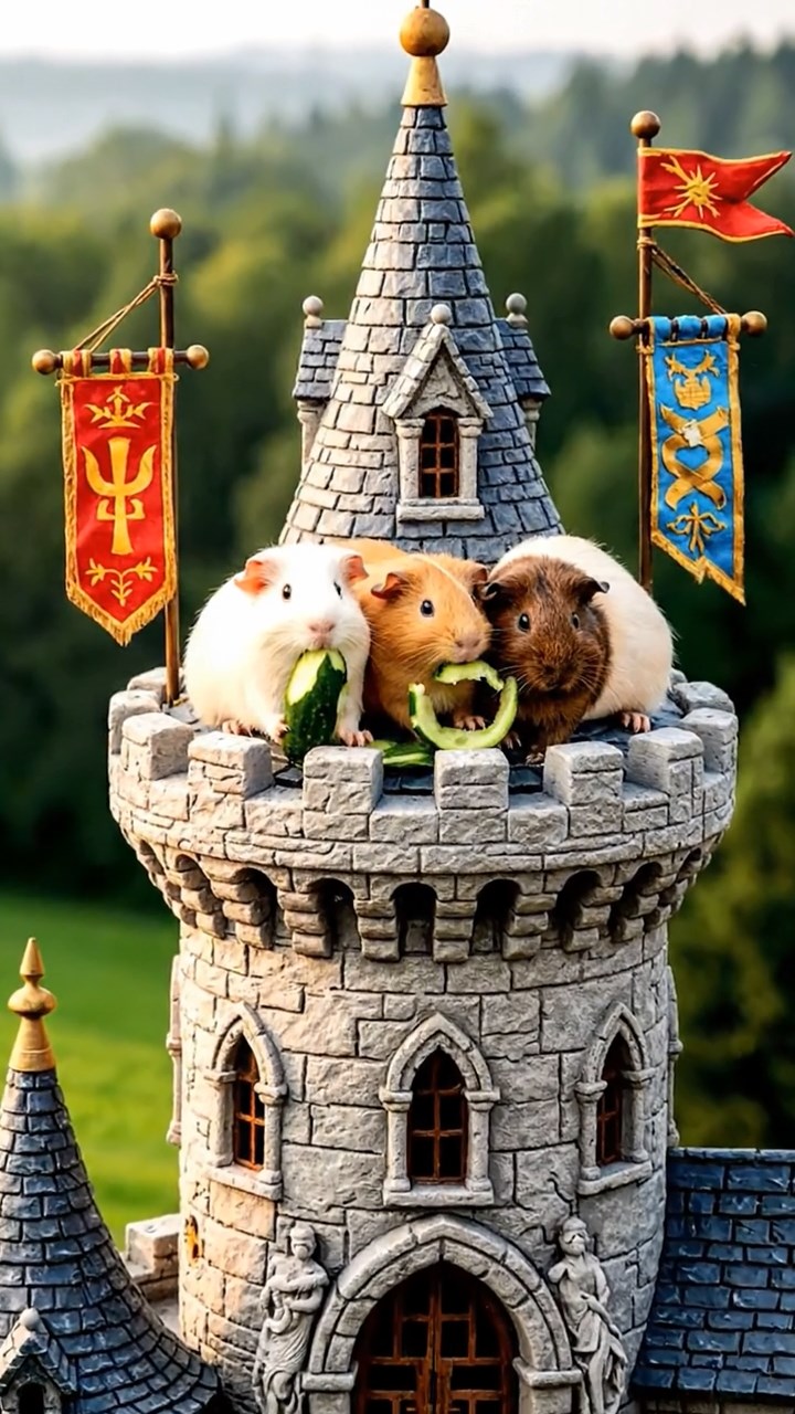 1533. Photorealistic image of 4 smooth-haired Peruvian guinea pigs featuring cream, fawn, and chocolate coats, sharing cucumber peels, atop a fairy-tale turret with waving banners.