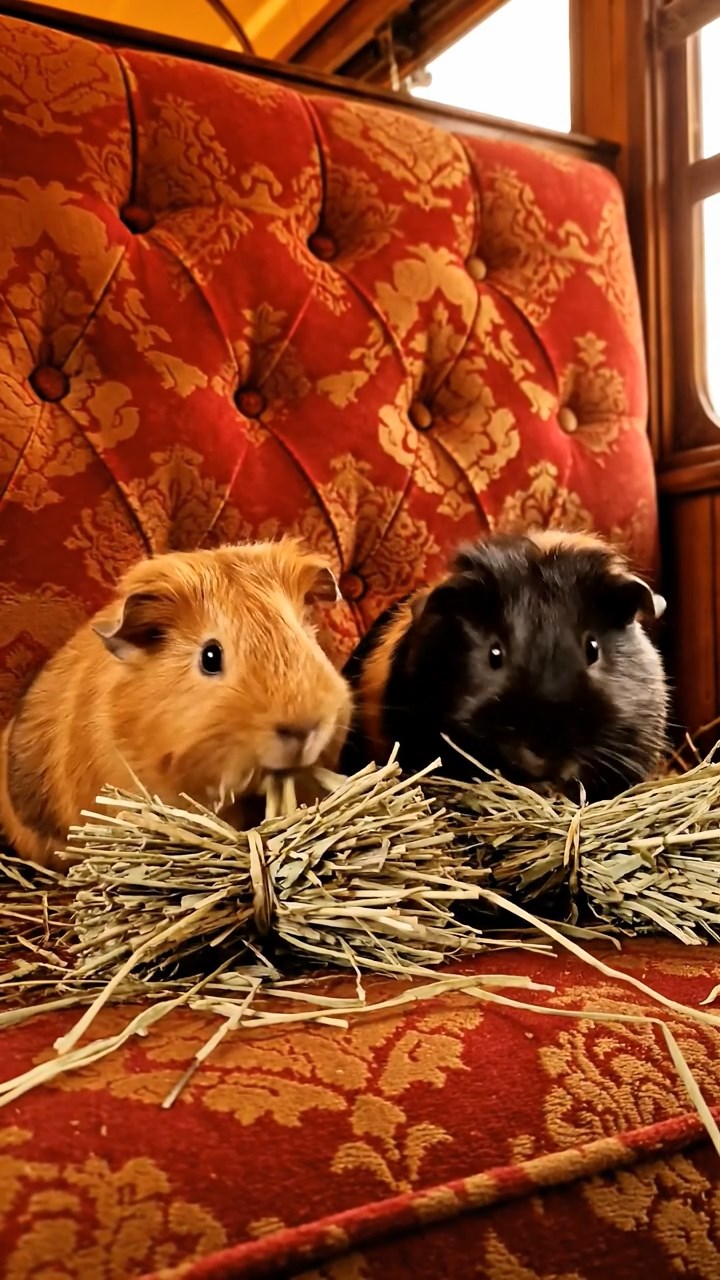 1534. Realistic depiction of 2 smooth-haired Silkie guinea pigs with cinnamon and sable fur, eating timothy hay bundles, inside a vintage rail car with plush seats.