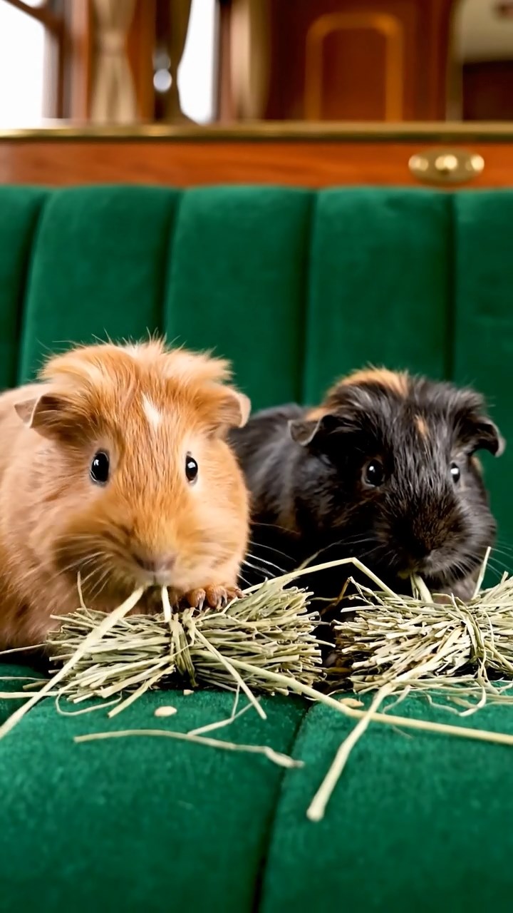 1534. Realistic depiction of 2 smooth-haired Silkie guinea pigs with cinnamon and sable fur, eating timothy hay bundles, inside a vintage rail car with plush seats.