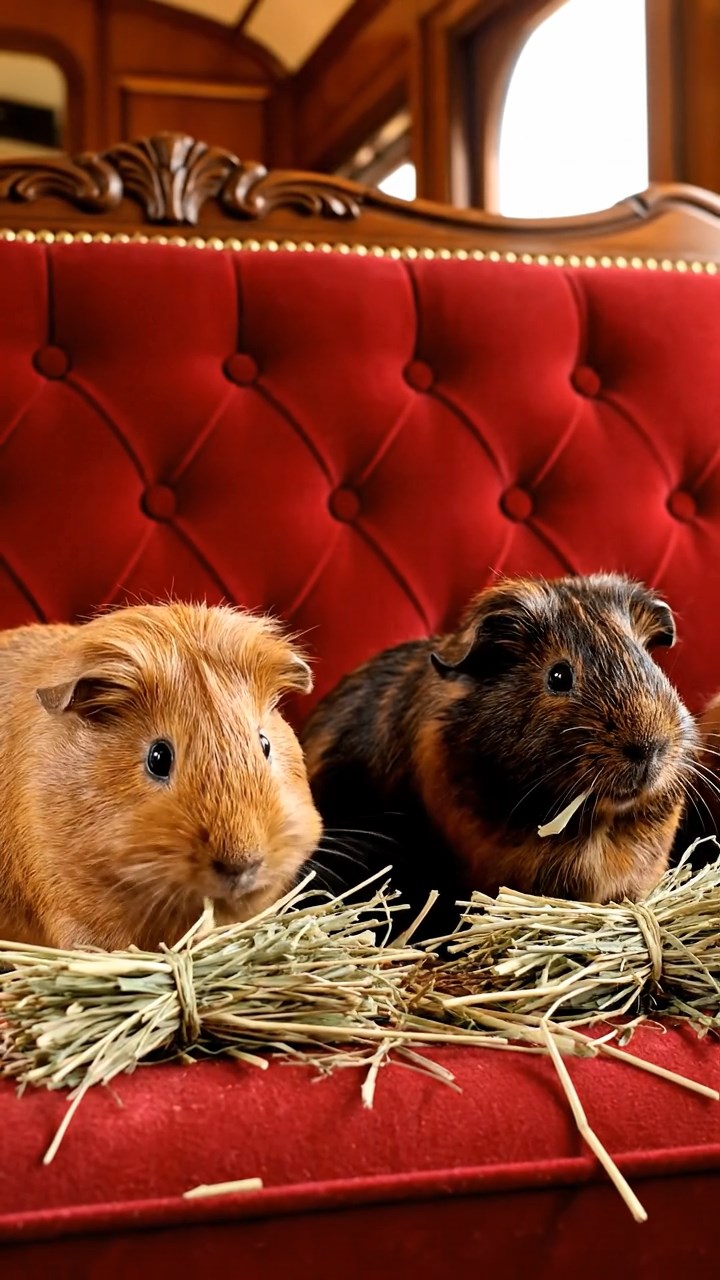 1534. Realistic depiction of 2 smooth-haired Silkie guinea pigs with cinnamon and sable fur, eating timothy hay bundles, inside a vintage rail car with plush seats.