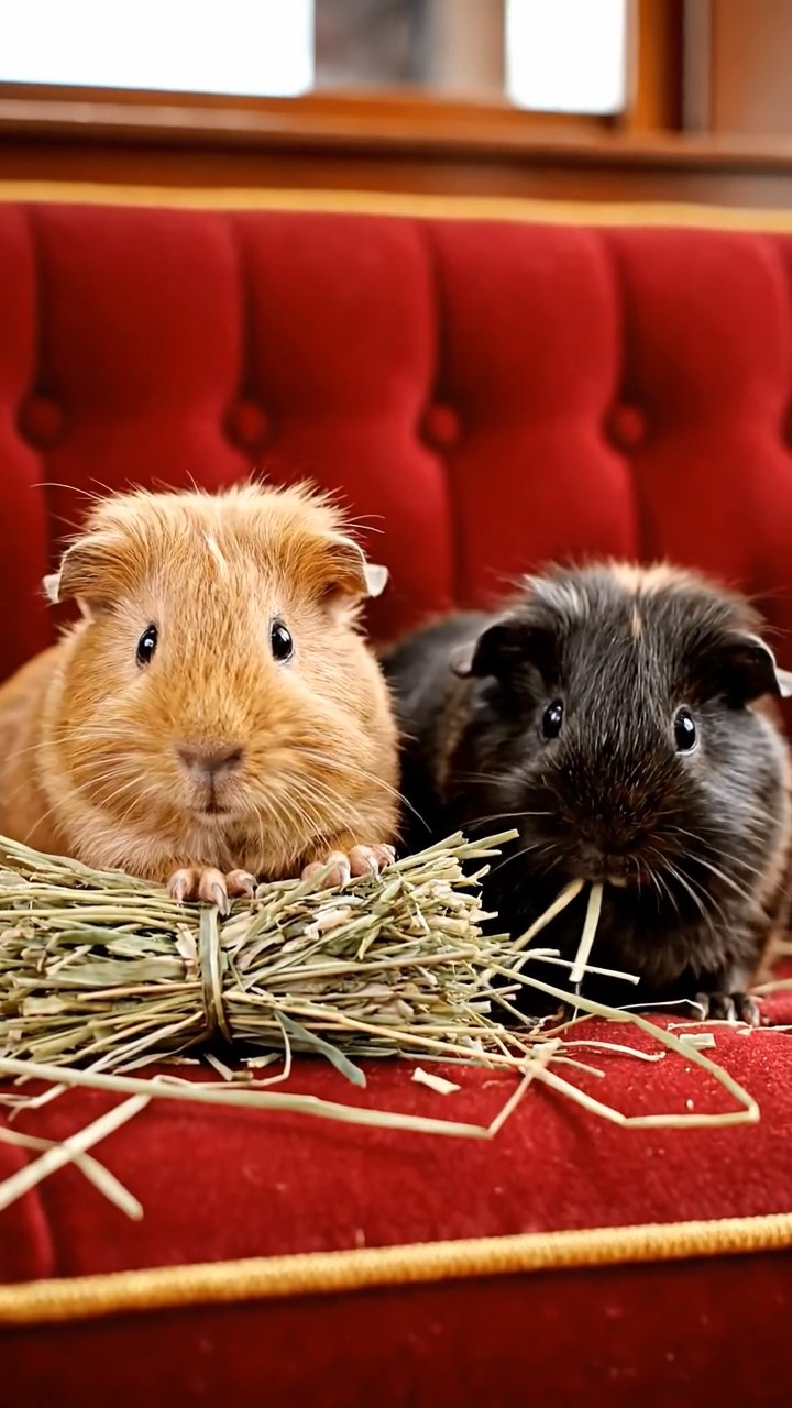 1534. Realistic depiction of 2 smooth-haired Silkie guinea pigs with cinnamon and sable fur, eating timothy hay bundles, inside a vintage rail car with plush seats.