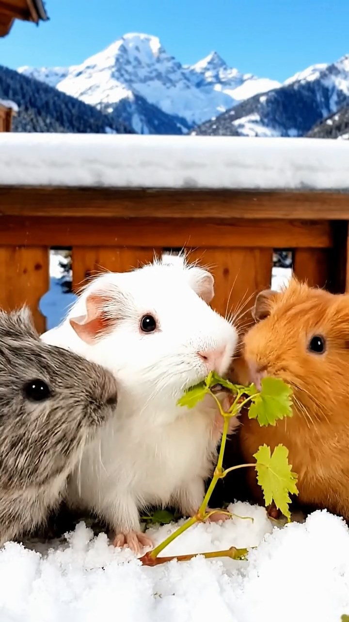1535. Detailed scene of 3 smooth-haired Teddy guinea pigs with white, orange, and gray fur, nibbling on grape vines, on a snowy resort balcony with alpine views.