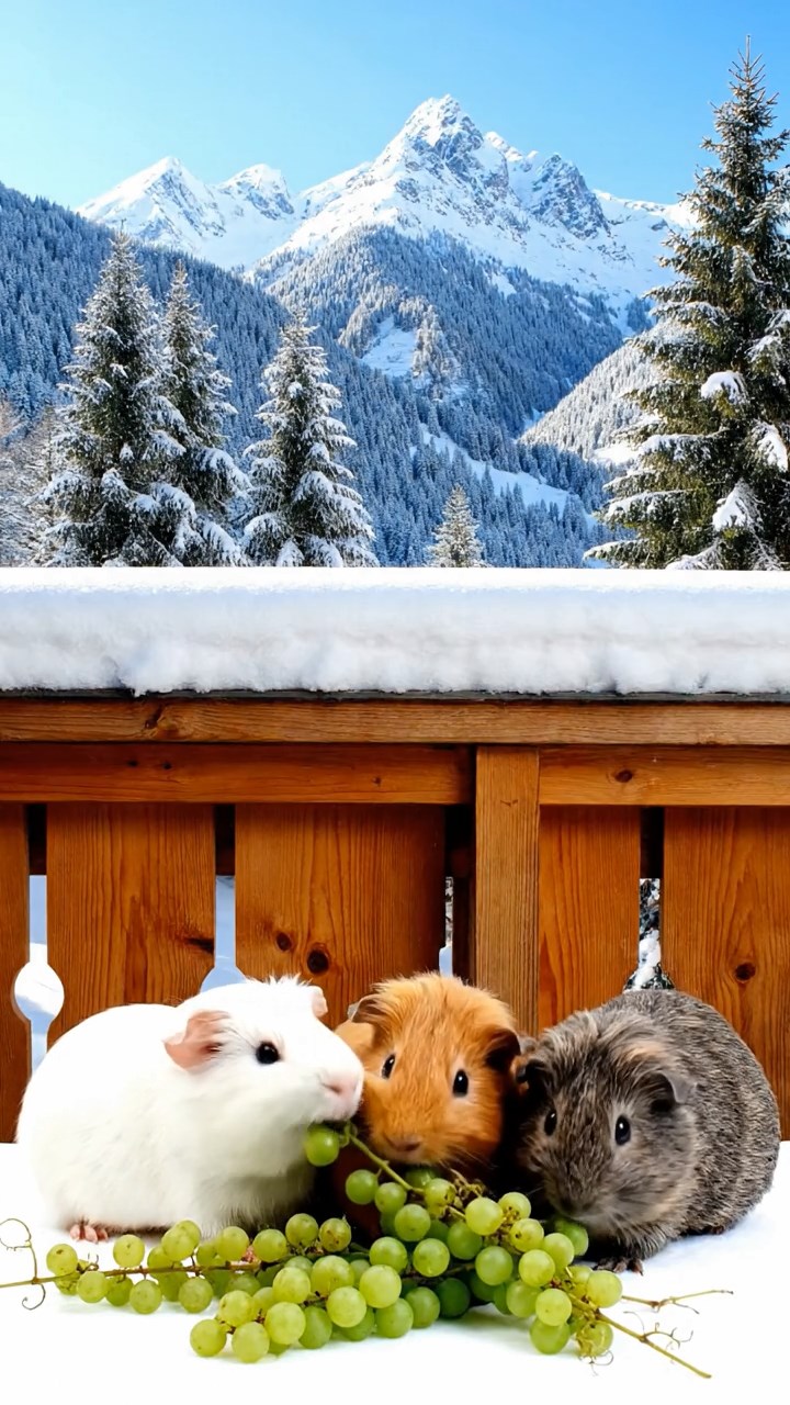 1535. Detailed scene of 3 smooth-haired Teddy guinea pigs with white, orange, and gray fur, nibbling on grape vines, on a snowy resort balcony with alpine views.
