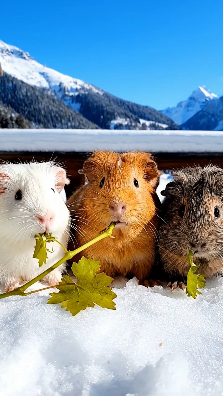 1535. Detailed scene of 3 smooth-haired Teddy guinea pigs with white, orange, and gray fur, nibbling on grape vines, on a snowy resort balcony with alpine views.