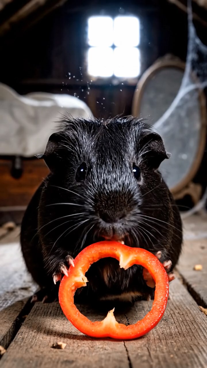 1536. Photorealistic photo of 1 smooth-haired Texel guinea pig with black fur, chewing on bell pepper rings, in a haunted attic space with dusty relics.