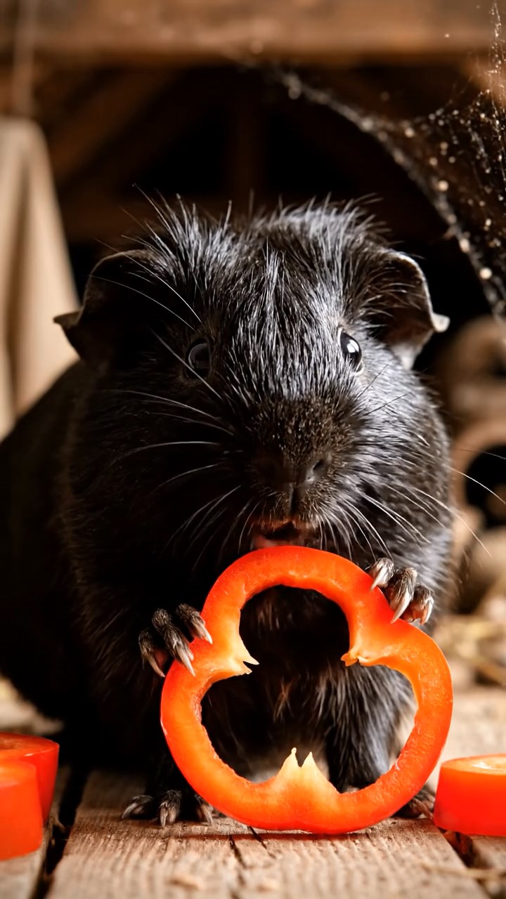 1536. Photorealistic photo of 1 smooth-haired Texel guinea pig with black fur, chewing on bell pepper rings, in a haunted attic space with dusty relics.