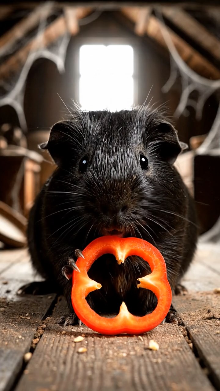 1536. Photorealistic photo of 1 smooth-haired Texel guinea pig with black fur, chewing on bell pepper rings, in a haunted attic space with dusty relics.