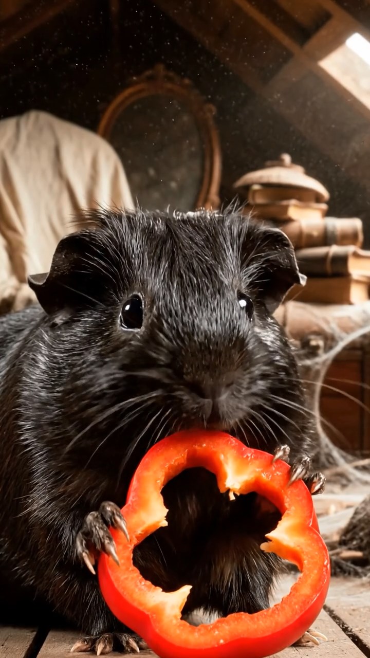 1536. Photorealistic photo of 1 smooth-haired Texel guinea pig with black fur, chewing on bell pepper rings, in a haunted attic space with dusty relics.