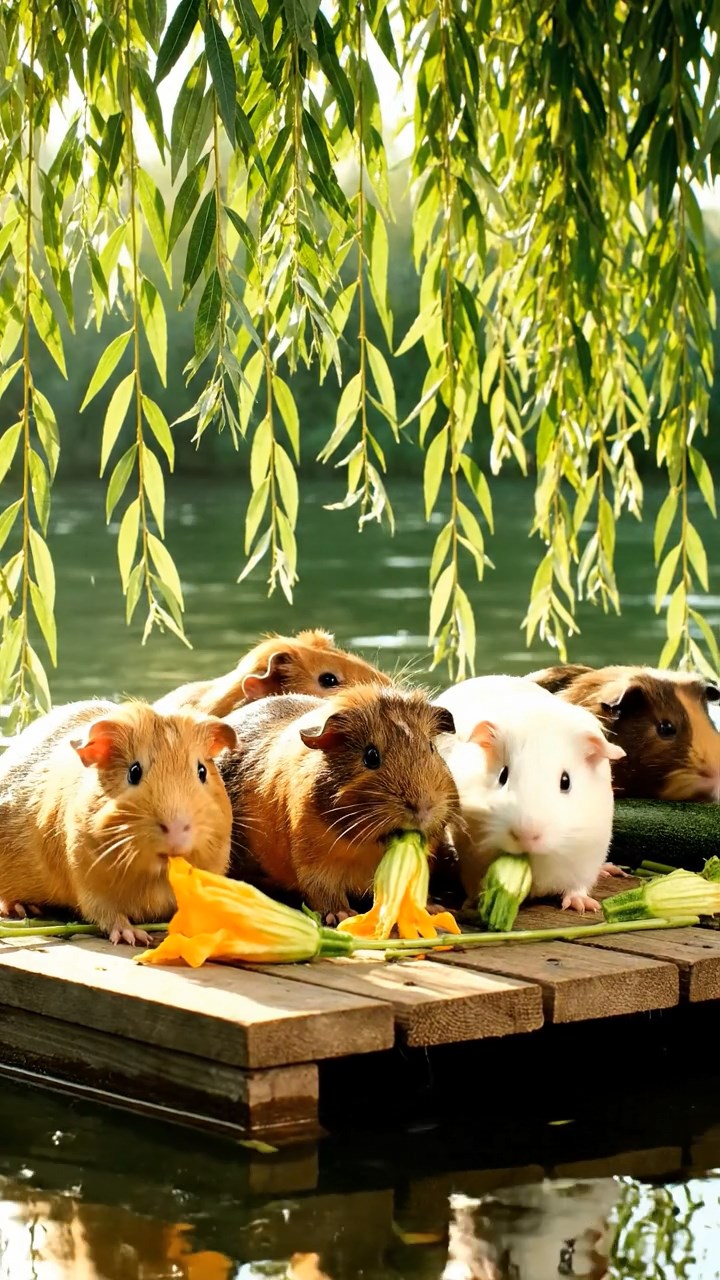 1537. Realistic image of 5 smooth-haired Rex guinea pigs in brown, cream, and fawn colors, munching on zucchini flowers, on a drifting river platform with overhanging willows.