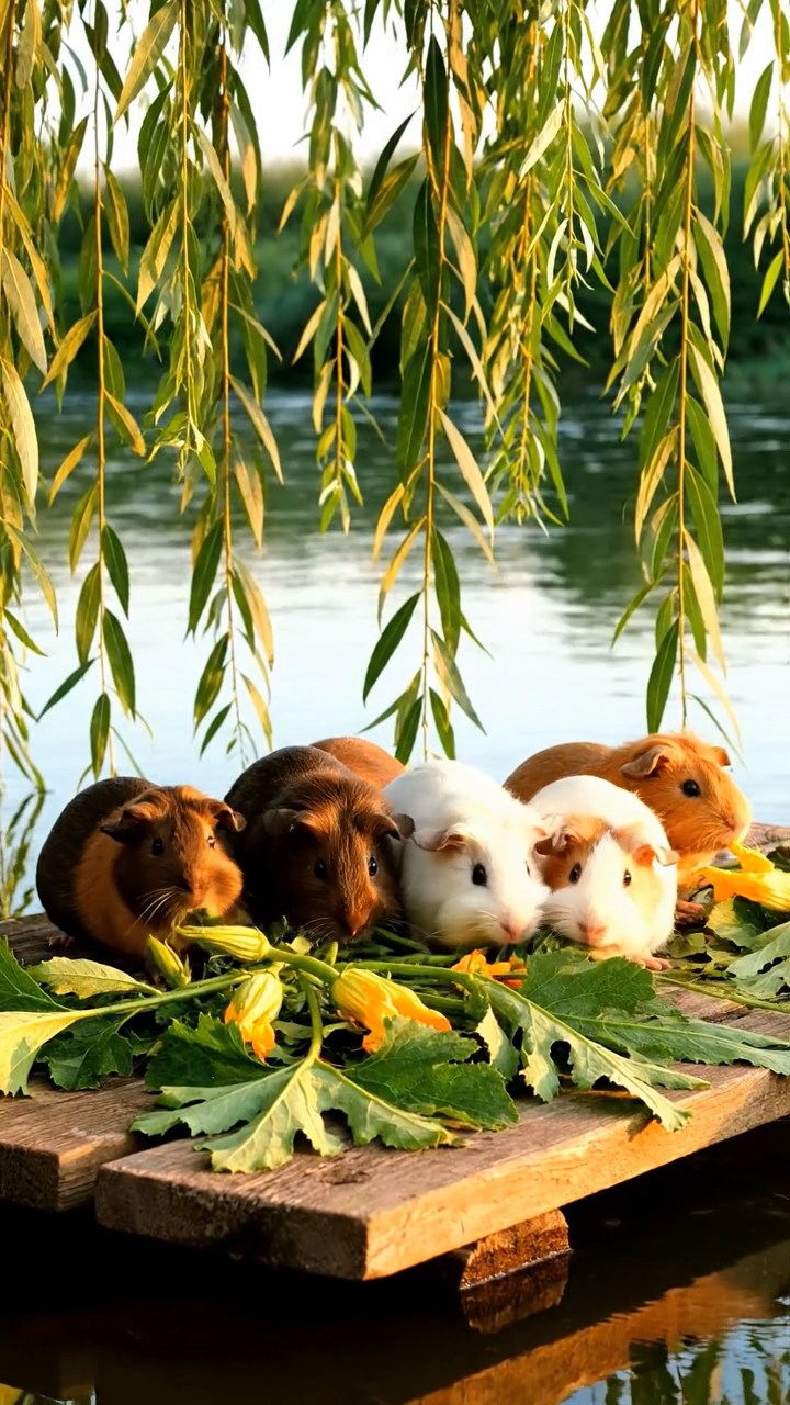 1537. Realistic image of 5 smooth-haired Rex guinea pigs in brown, cream, and fawn colors, munching on zucchini flowers, on a drifting river platform with overhanging willows.