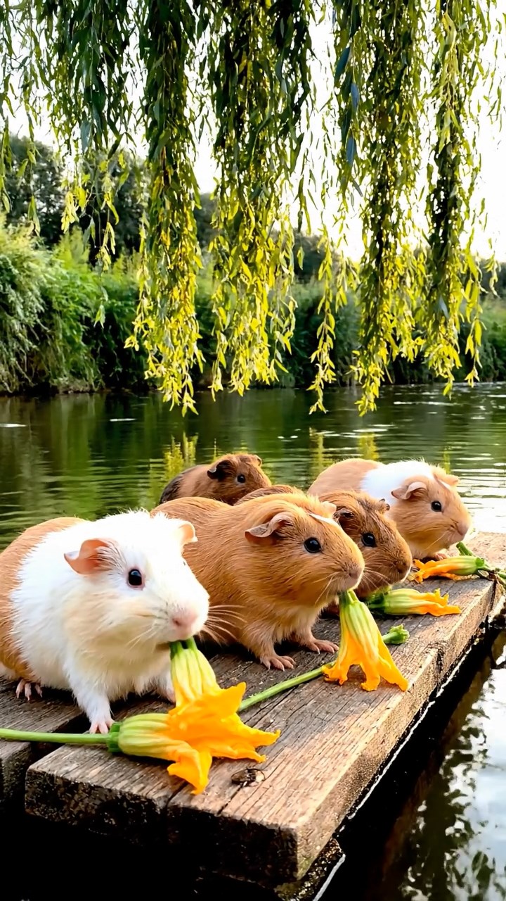 1537. Realistic image of 5 smooth-haired Rex guinea pigs in brown, cream, and fawn colors, munching on zucchini flowers, on a drifting river platform with overhanging willows.