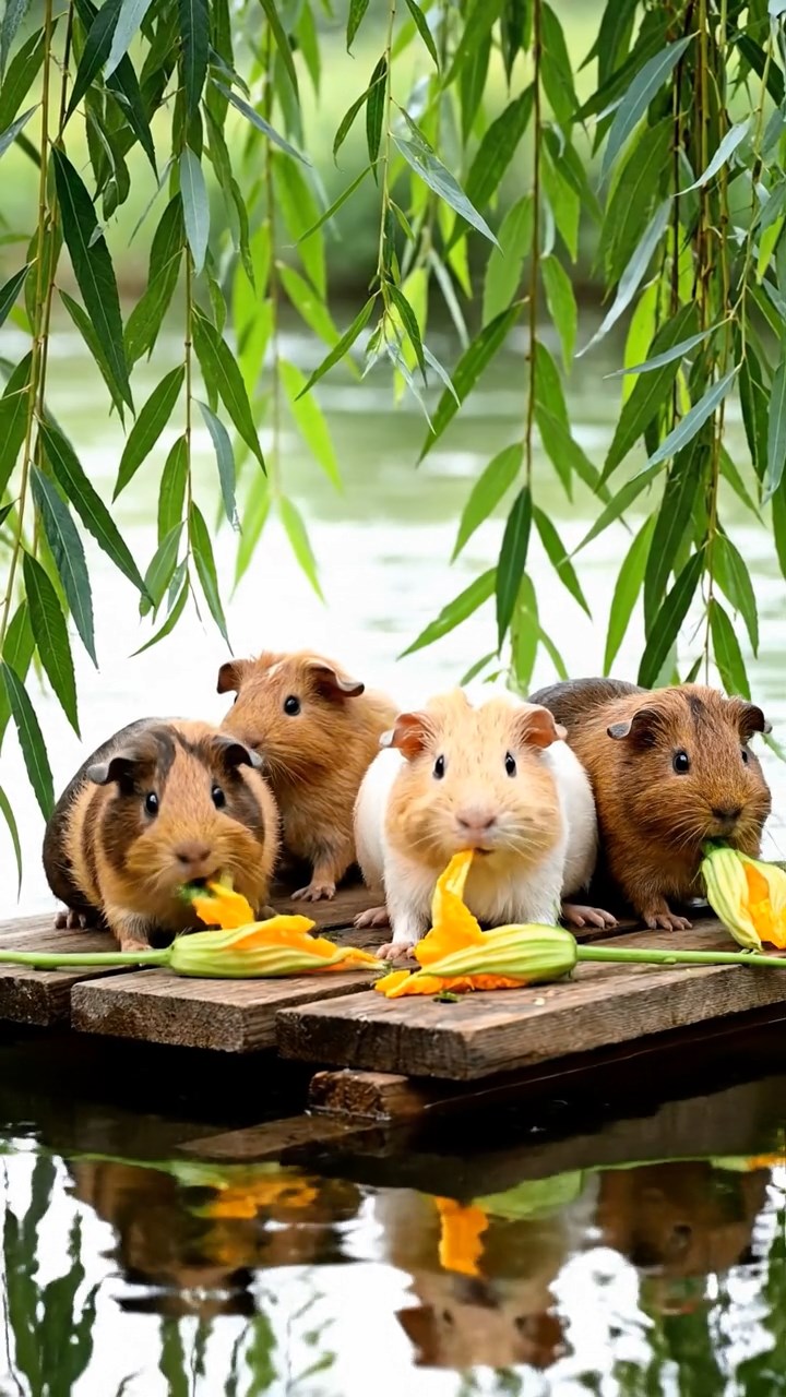 1537. Realistic image of 5 smooth-haired Rex guinea pigs in brown, cream, and fawn colors, munching on zucchini flowers, on a drifting river platform with overhanging willows.