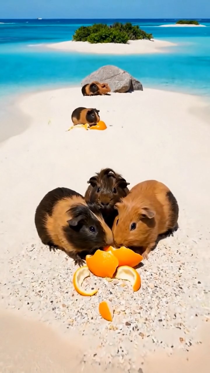 1538. Highly detailed view of 4 smooth-haired Coronet guinea pigs with chocolate, cinnamon, and sable fur, sharing orange peels, in a crystal-clear atoll with sandy islets.
