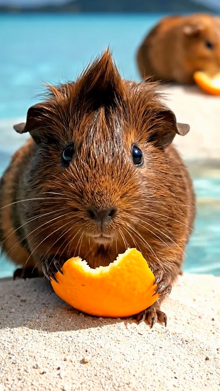 1538. Highly detailed view of 4 smooth-haired Coronet guinea pigs with chocolate, cinnamon, and sable fur, sharing orange peels, in a crystal-clear atoll with sandy islets.