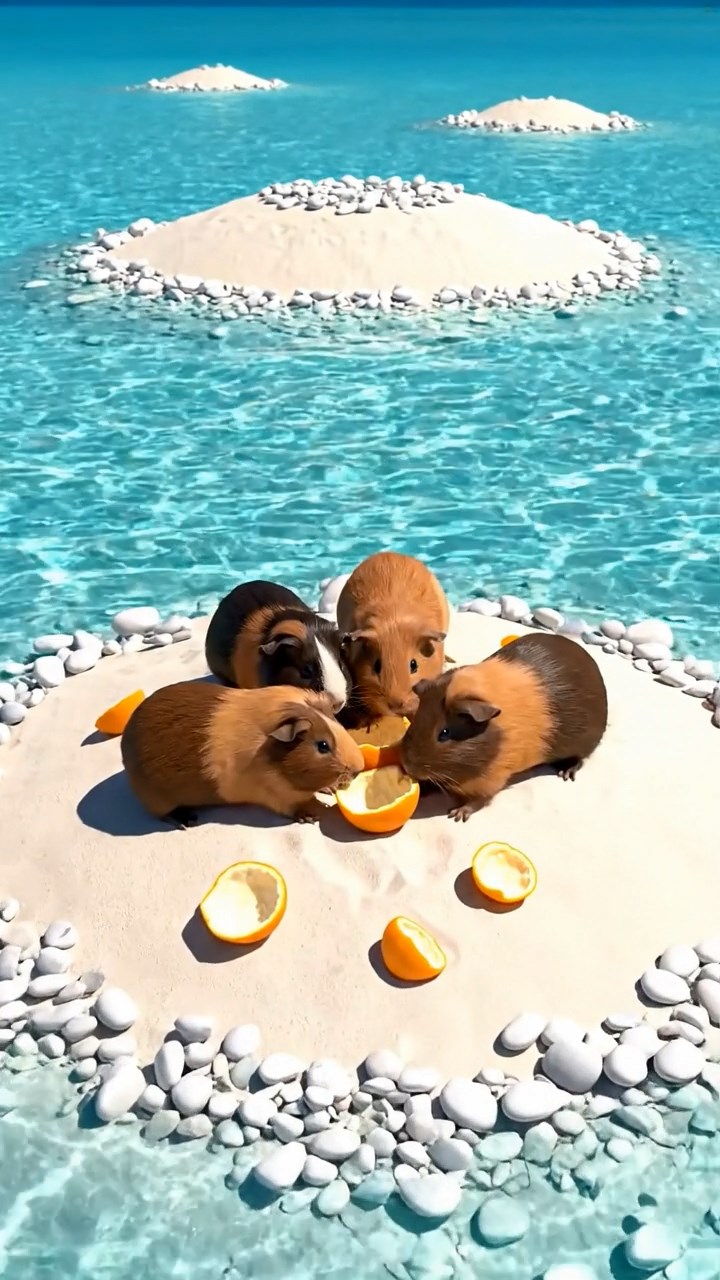 1538. Highly detailed view of 4 smooth-haired Coronet guinea pigs with chocolate, cinnamon, and sable fur, sharing orange peels, in a crystal-clear atoll with sandy islets.