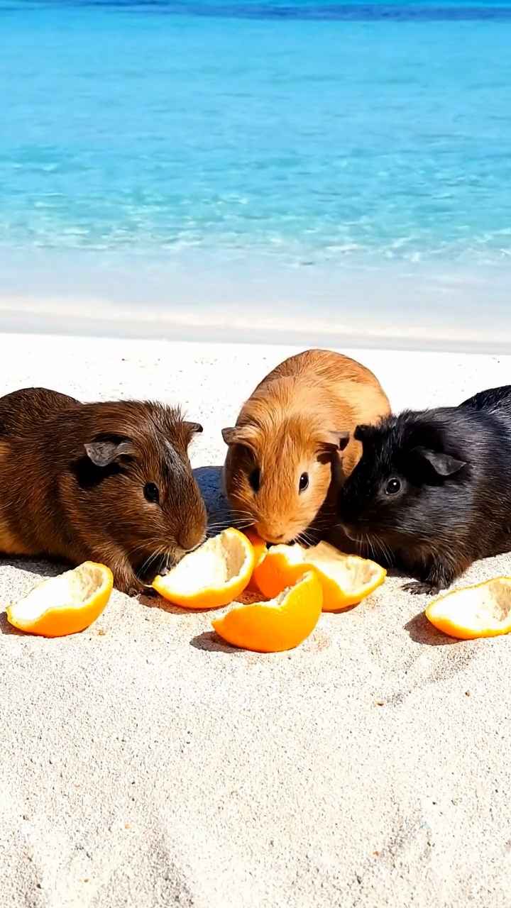 1538. Highly detailed view of 4 smooth-haired Coronet guinea pigs with chocolate, cinnamon, and sable fur, sharing orange peels, in a crystal-clear atoll with sandy islets.