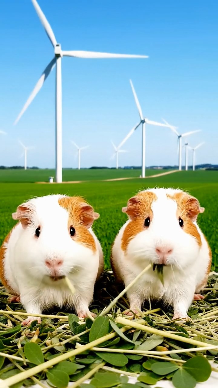 1539. Photorealistic scene of 2 smooth-haired White Crested guinea pigs featuring white and orange coats, eating alfalfa hay, in a green energy wind field with turning blades.