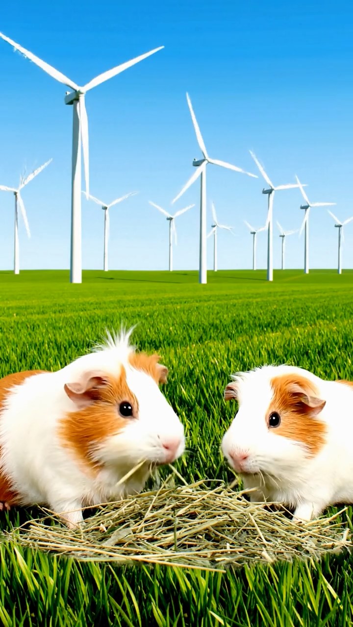 1539. Photorealistic scene of 2 smooth-haired White Crested guinea pigs featuring white and orange coats, eating alfalfa hay, in a green energy wind field with turning blades.