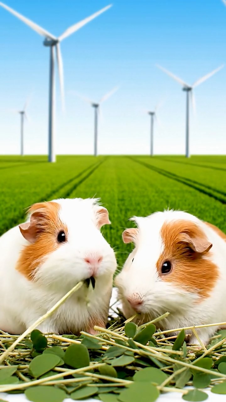 1539. Photorealistic scene of 2 smooth-haired White Crested guinea pigs featuring white and orange coats, eating alfalfa hay, in a green energy wind field with turning blades.