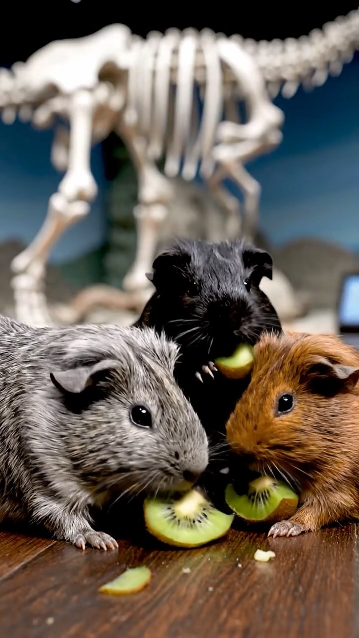 1540. Realistic depiction of 3 smooth-haired Skinny guinea pigs with gray, black, and brown fur, nibbling on kiwi skins, inside a fossil exhibit hall with massive bones.