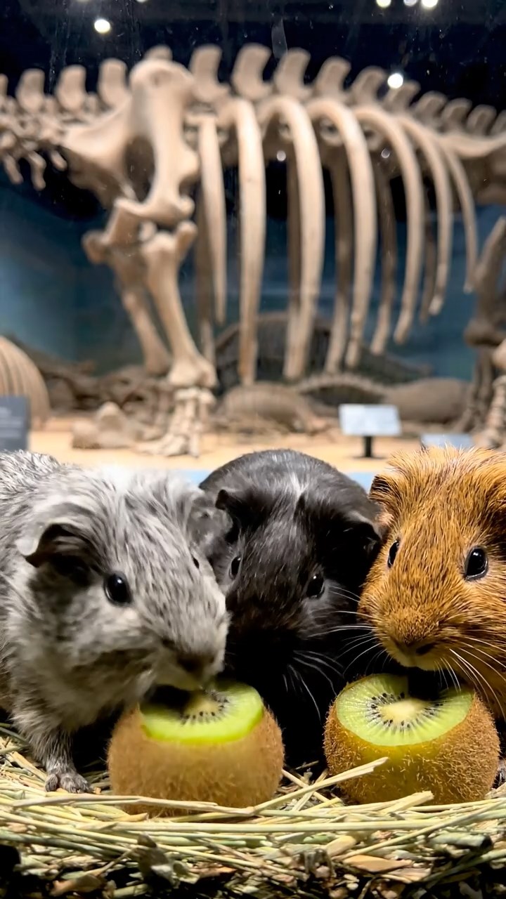 1540. Realistic depiction of 3 smooth-haired Skinny guinea pigs with gray, black, and brown fur, nibbling on kiwi skins, inside a fossil exhibit hall with massive bones.