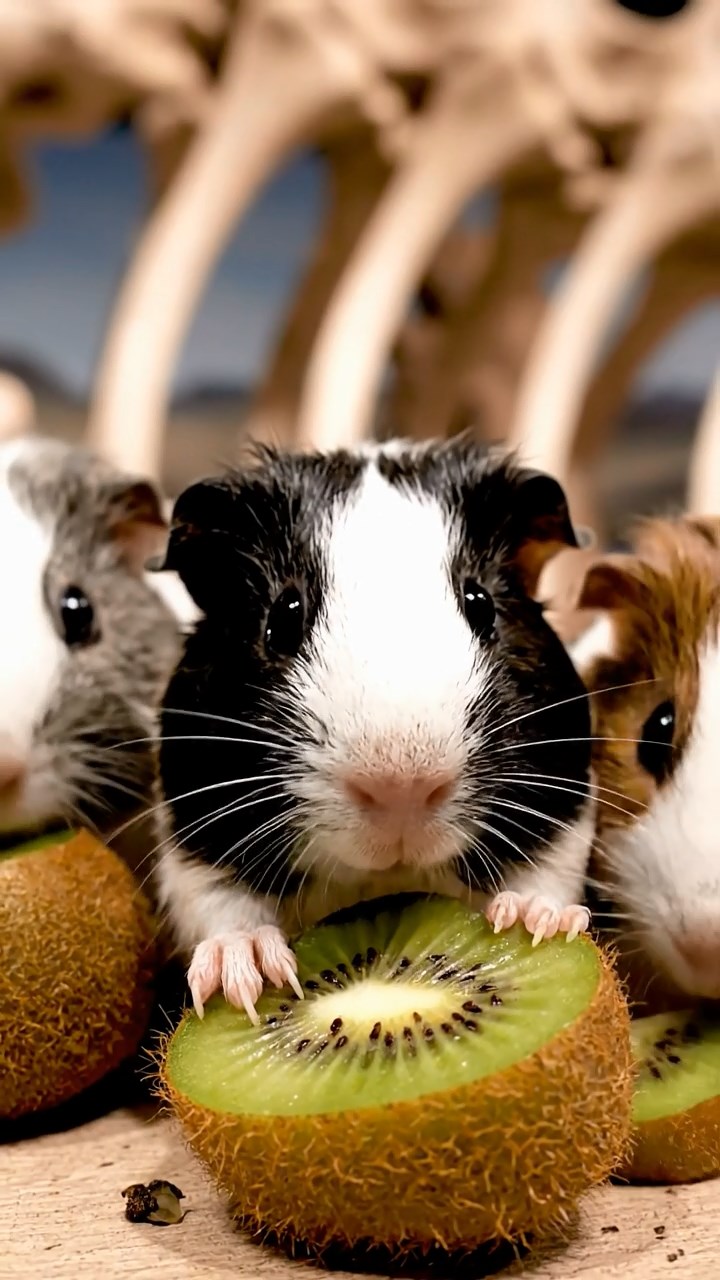 1540. Realistic depiction of 3 smooth-haired Skinny guinea pigs with gray, black, and brown fur, nibbling on kiwi skins, inside a fossil exhibit hall with massive bones.
