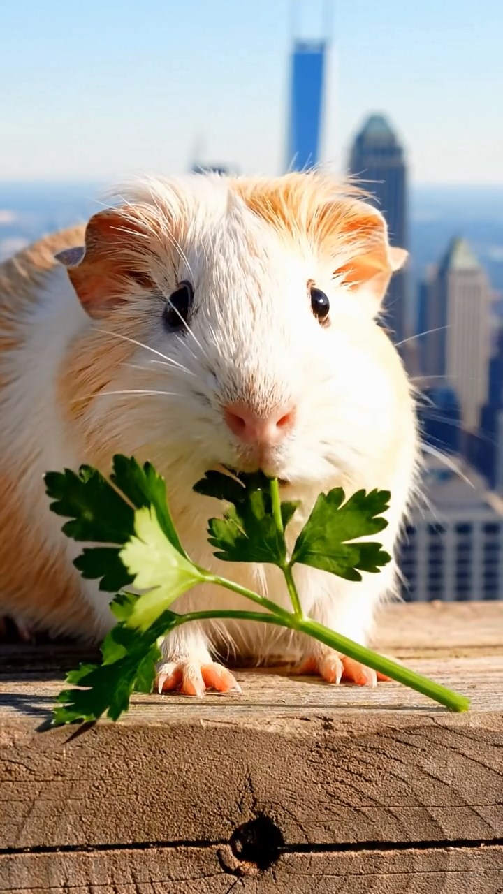 1541. Detailed photo of 1 smooth-haired American guinea pig with cream fur, chewing on parsley stems, on a construction beam high above the city.