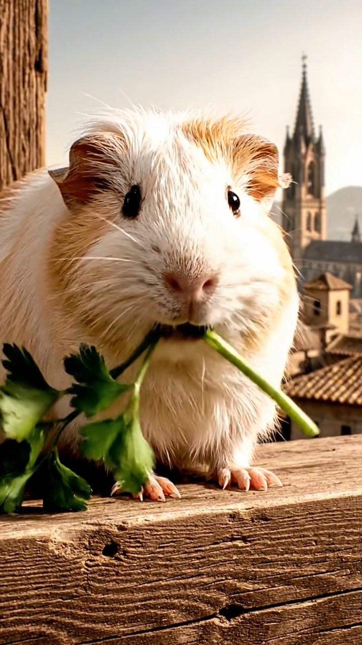 1541. Detailed photo of 1 smooth-haired American guinea pig with cream fur, chewing on parsley stems, on a construction beam high above the city.