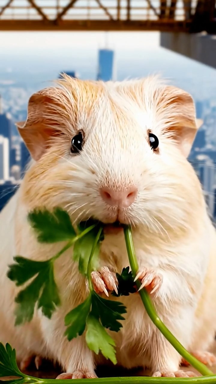 1541. Detailed photo of 1 smooth-haired American guinea pig with cream fur, chewing on parsley stems, on a construction beam high above the city.