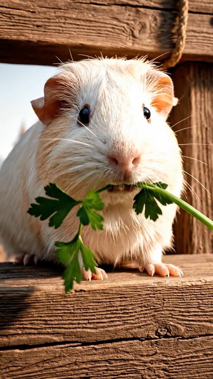1541. Detailed photo of 1 smooth-haired American guinea pig with cream fur, chewing on parsley stems, on a construction beam high above the city.