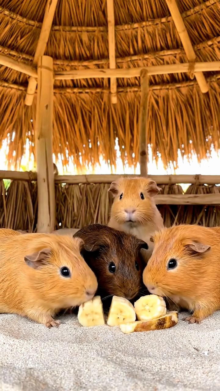 1542. Photorealistic image of 4 smooth-haired Abyssinian guinea pigs in fawn, chocolate, and cinnamon colors, sharing banana chunks, inside a beachside tiki hut with thatch.