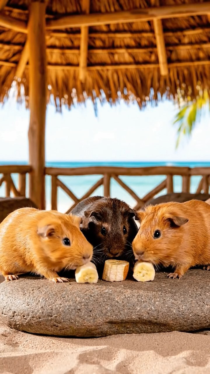 1542. Photorealistic image of 4 smooth-haired Abyssinian guinea pigs in fawn, chocolate, and cinnamon colors, sharing banana chunks, inside a beachside tiki hut with thatch.