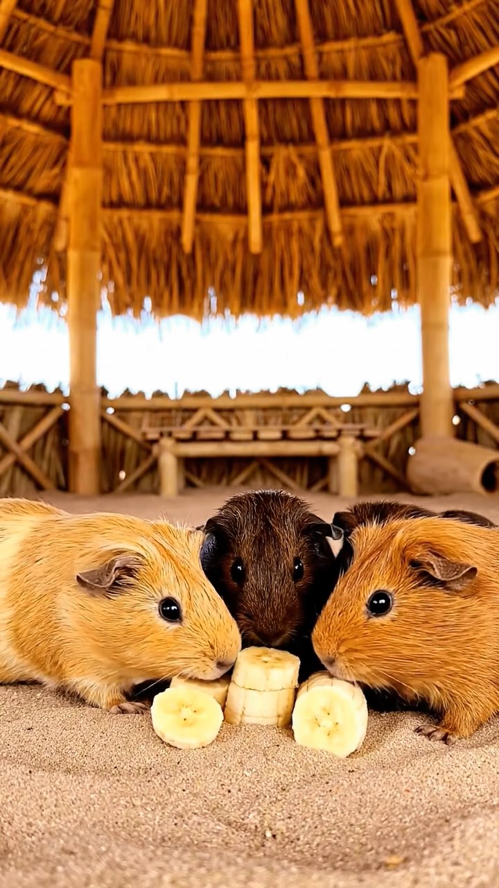 1542. Photorealistic image of 4 smooth-haired Abyssinian guinea pigs in fawn, chocolate, and cinnamon colors, sharing banana chunks, inside a beachside tiki hut with thatch.