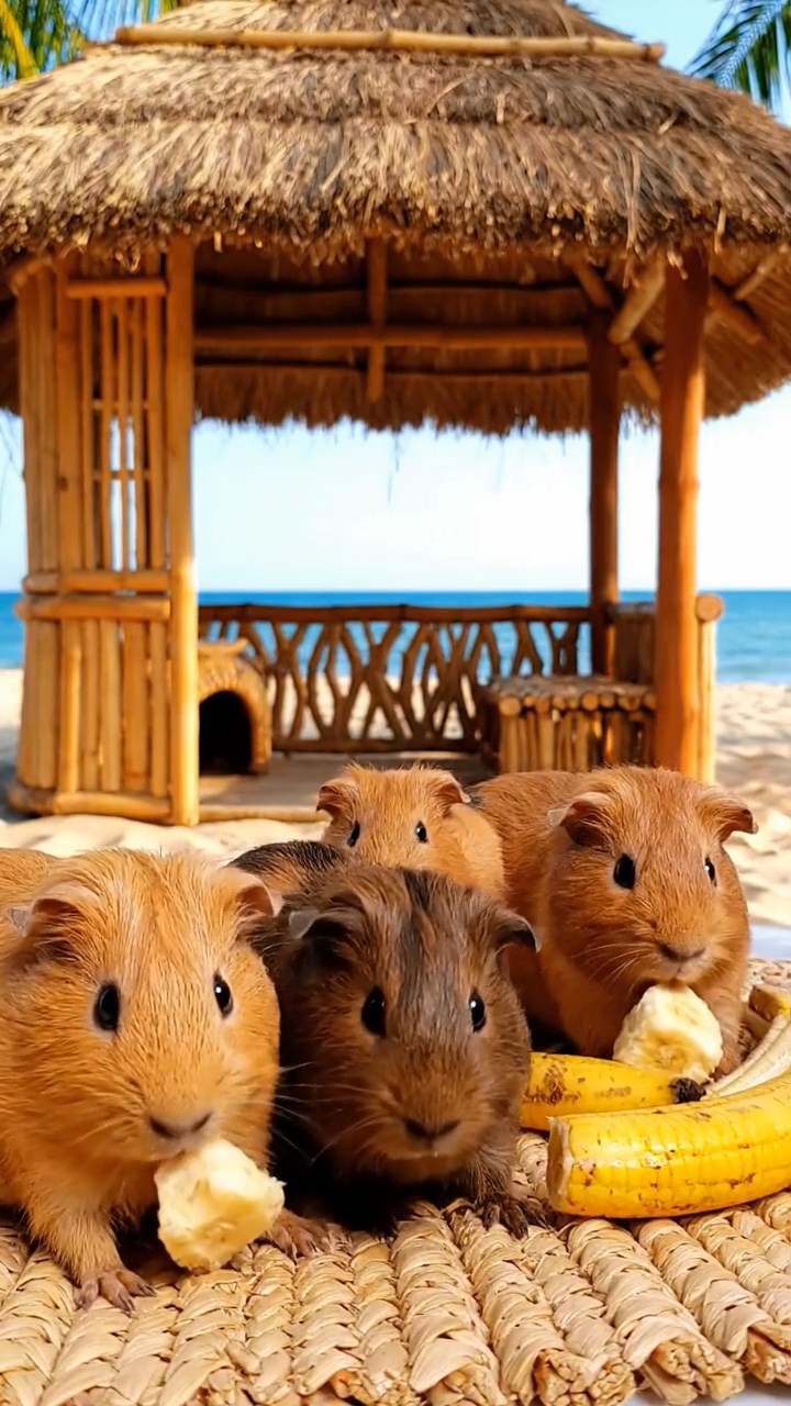 1542. Photorealistic image of 4 smooth-haired Abyssinian guinea pigs in fawn, chocolate, and cinnamon colors, sharing banana chunks, inside a beachside tiki hut with thatch.