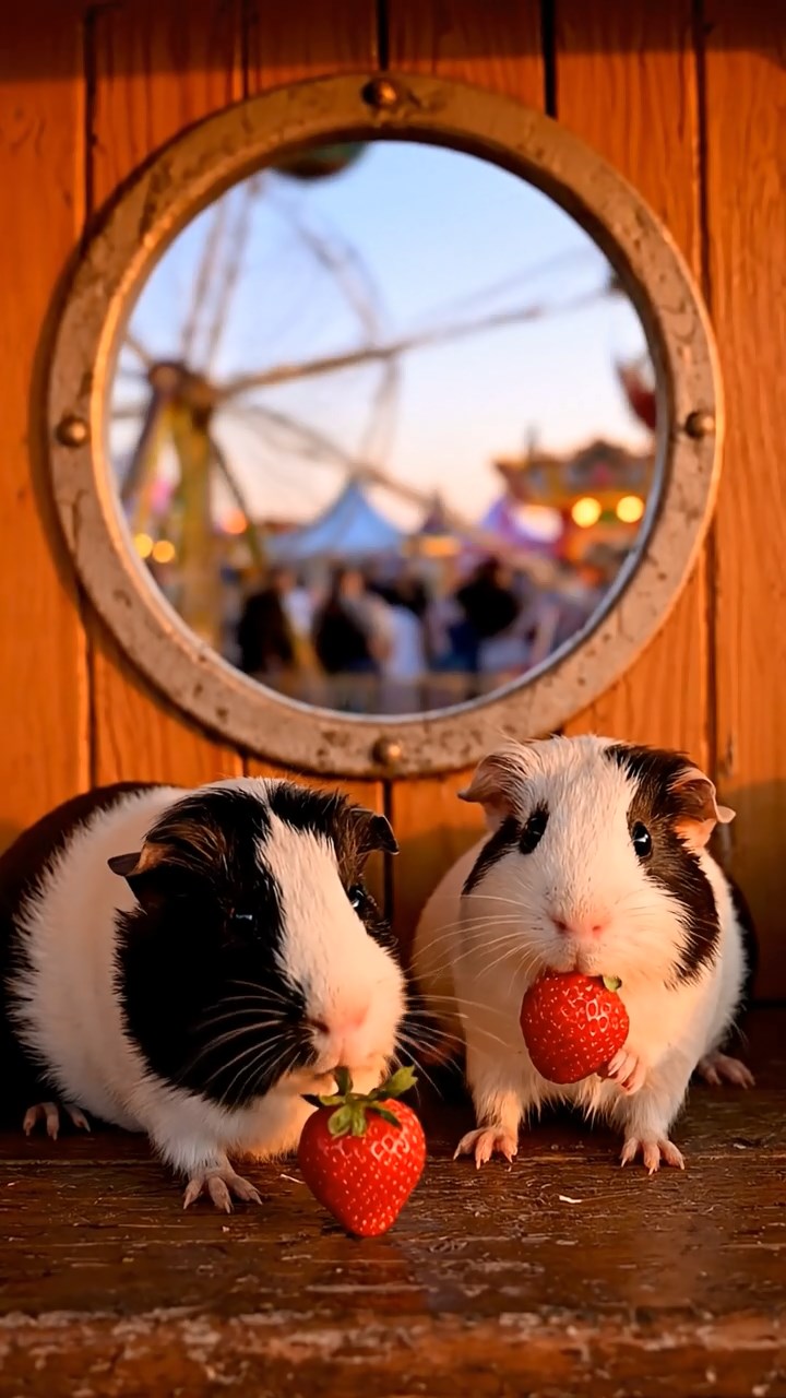 1543. Realistic scene of 2 smooth-haired Peruvian guinea pigs with sable and white fur, munching on strawberry tops, in a carnival wheel cabin at dusk.