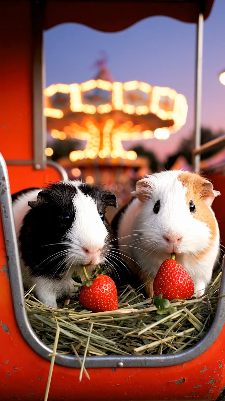 1543. Realistic scene of 2 smooth-haired Peruvian guinea pigs with sable and white fur, munching on strawberry tops, in a carnival wheel cabin at dusk.