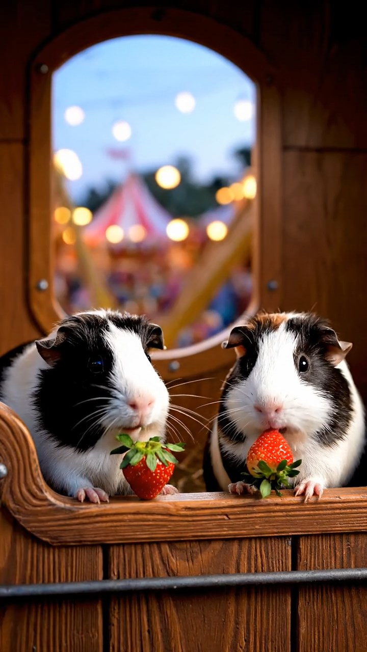 1543. Realistic scene of 2 smooth-haired Peruvian guinea pigs with sable and white fur, munching on strawberry tops, in a carnival wheel cabin at dusk.