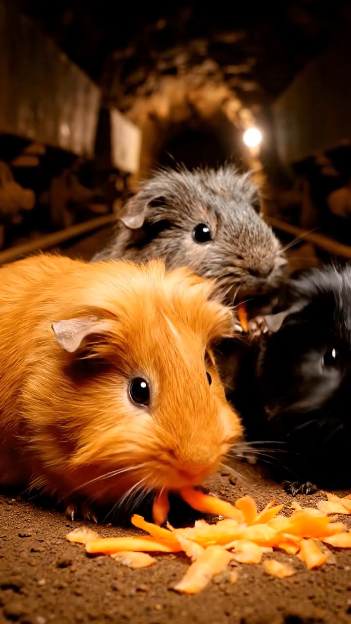 1544. Highly detailed view of 5 smooth-haired Silkie guinea pigs featuring orange, gray, and black coats, eating carrot shreds, down a dark mining tunnel with carts.