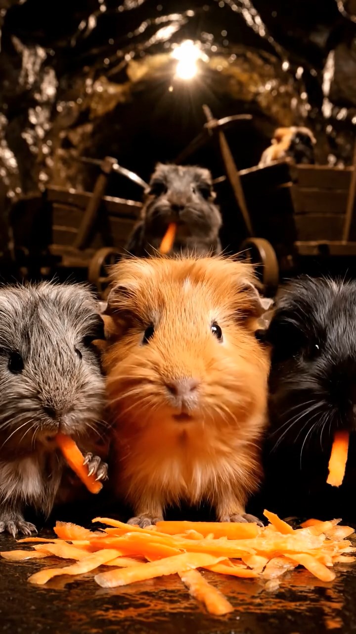 1544. Highly detailed view of 5 smooth-haired Silkie guinea pigs featuring orange, gray, and black coats, eating carrot shreds, down a dark mining tunnel with carts.
