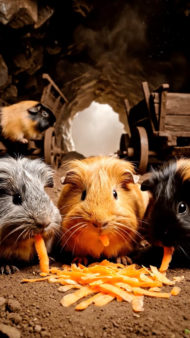 1544. Highly detailed view of 5 smooth-haired Silkie guinea pigs featuring orange, gray, and black coats, eating carrot shreds, down a dark mining tunnel with carts.