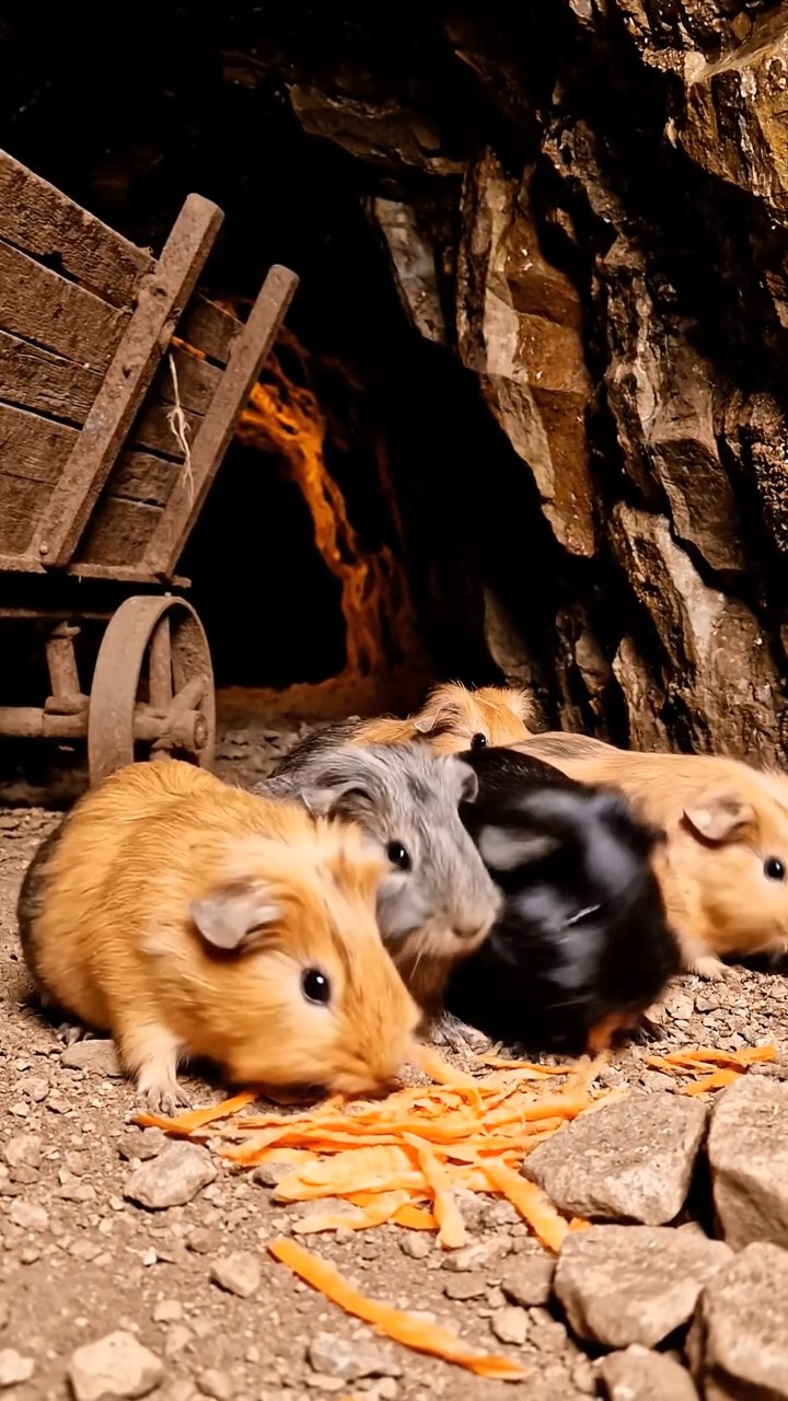 1544. Highly detailed view of 5 smooth-haired Silkie guinea pigs featuring orange, gray, and black coats, eating carrot shreds, down a dark mining tunnel with carts.