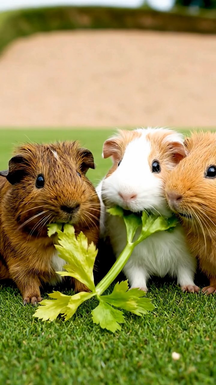 1545. Photorealistic photo of 3 smooth-haired Teddy guinea pigs with brown, cream, and fawn fur, nibbling on celery leaves, on a golf links green with bunkers.