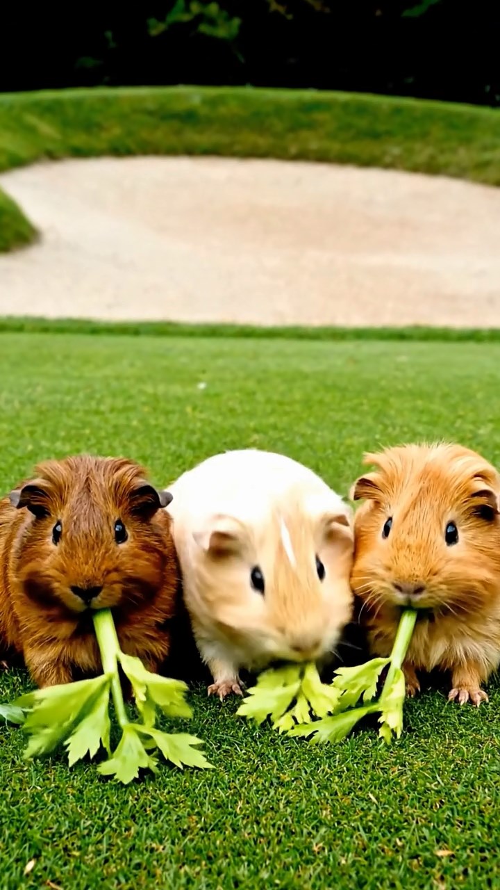 1545. Photorealistic photo of 3 smooth-haired Teddy guinea pigs with brown, cream, and fawn fur, nibbling on celery leaves, on a golf links green with bunkers.