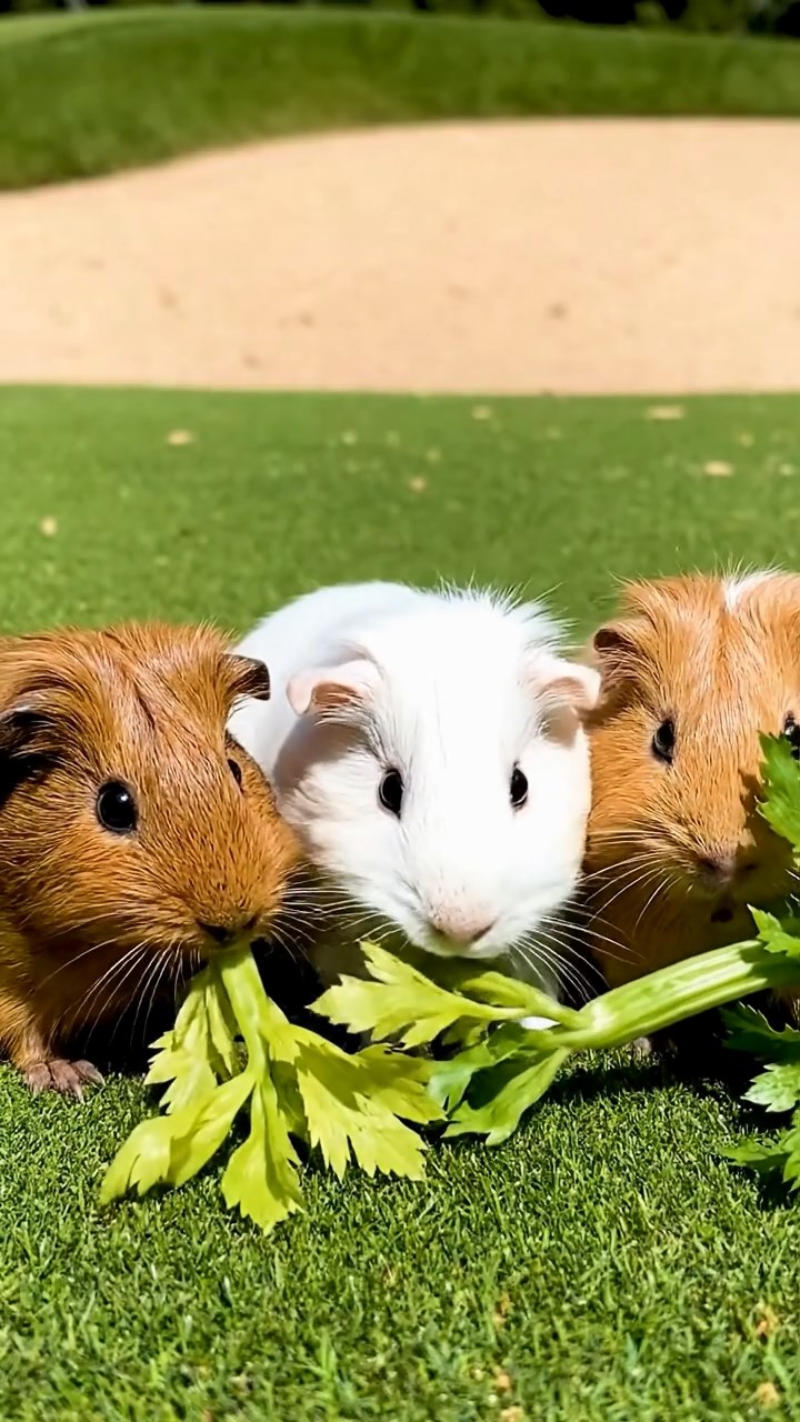 1545. Photorealistic photo of 3 smooth-haired Teddy guinea pigs with brown, cream, and fawn fur, nibbling on celery leaves, on a golf links green with bunkers.